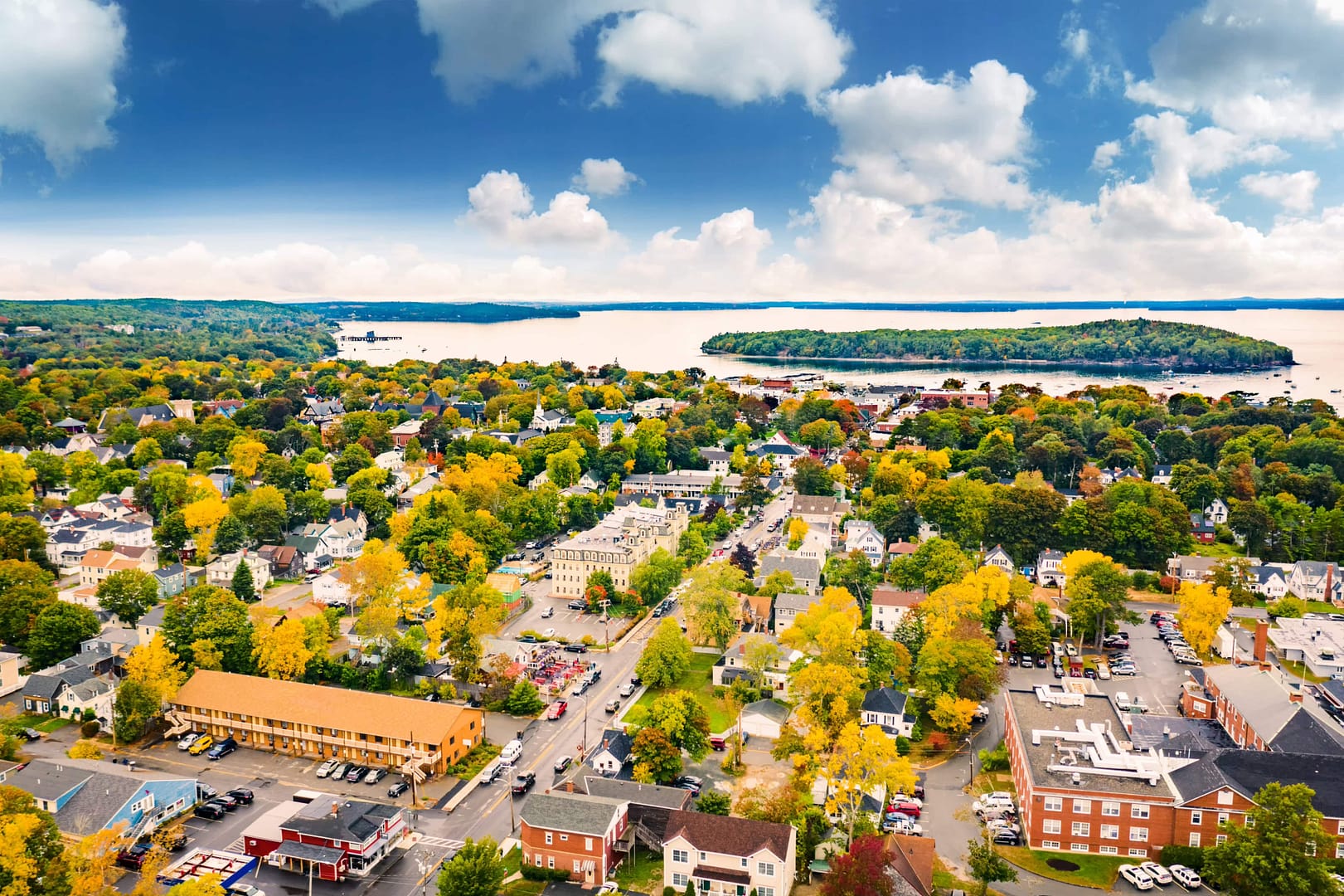 Aerial view of Bar Harbor, Maine on a sunny day. Bar Harbor is a town on Mount Desert Island in Hancock County, Maine and a popular tourist destination