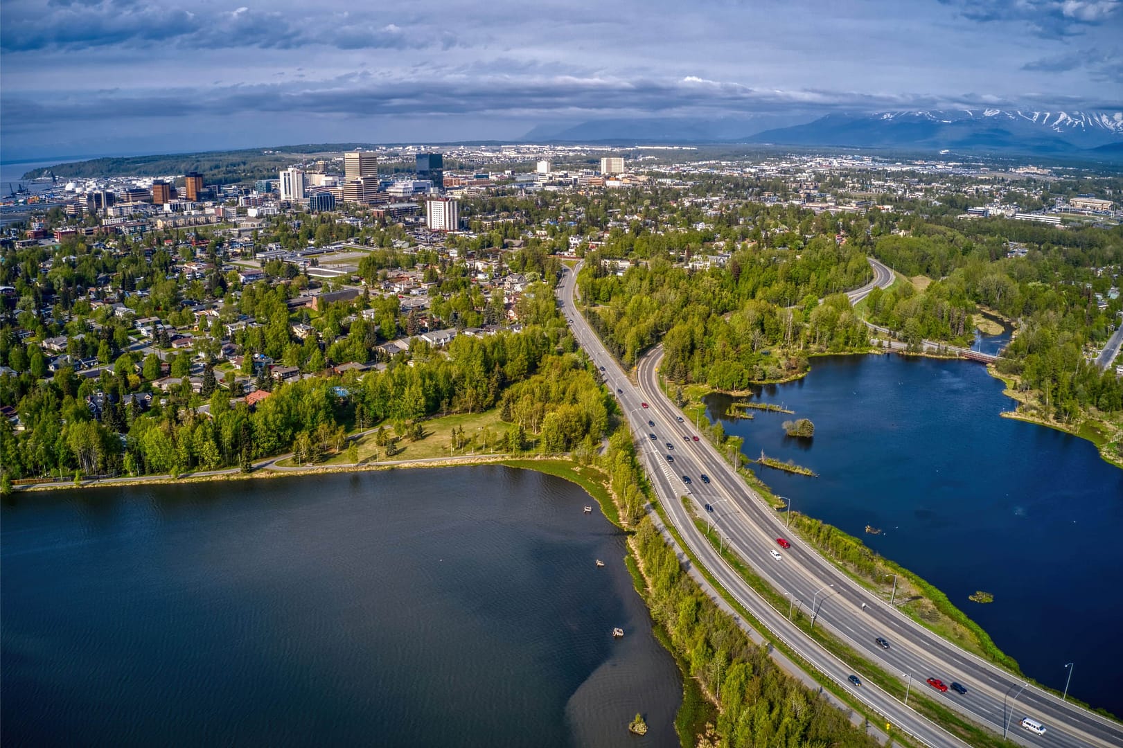 Aerial view of the downtown Anchorage, Alaska skyline during summer