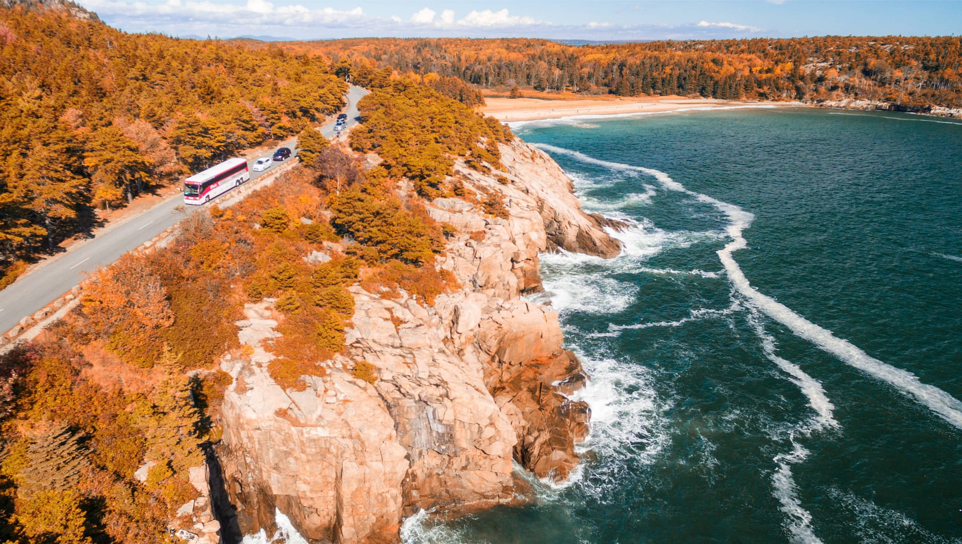Panoramic aerial view of Acadia National Park in foliage season