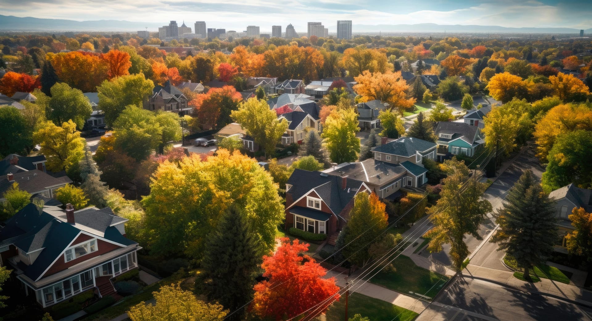 Aerial view of Denver residential neighborhood during autumn fall season in Colorado, USA