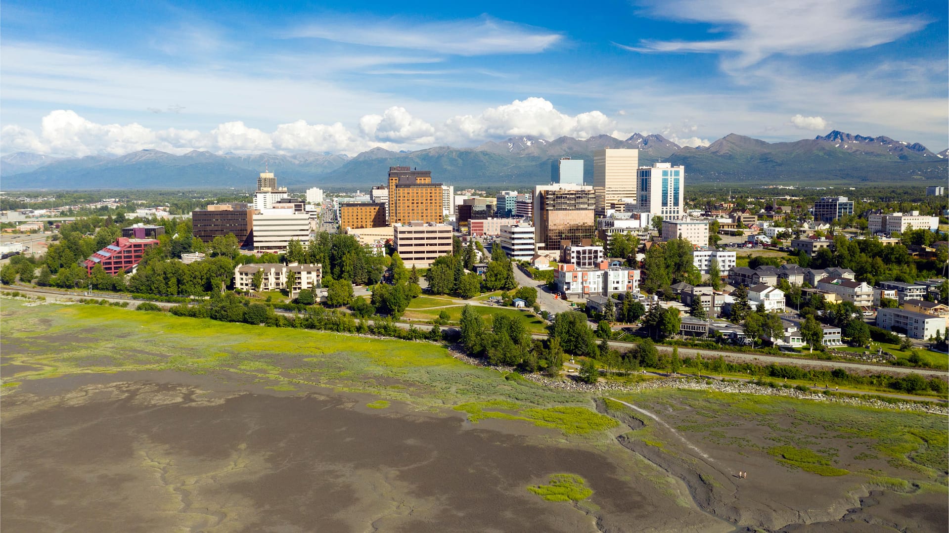 Aerial view over the town and waterfont of Anchorage Alaska