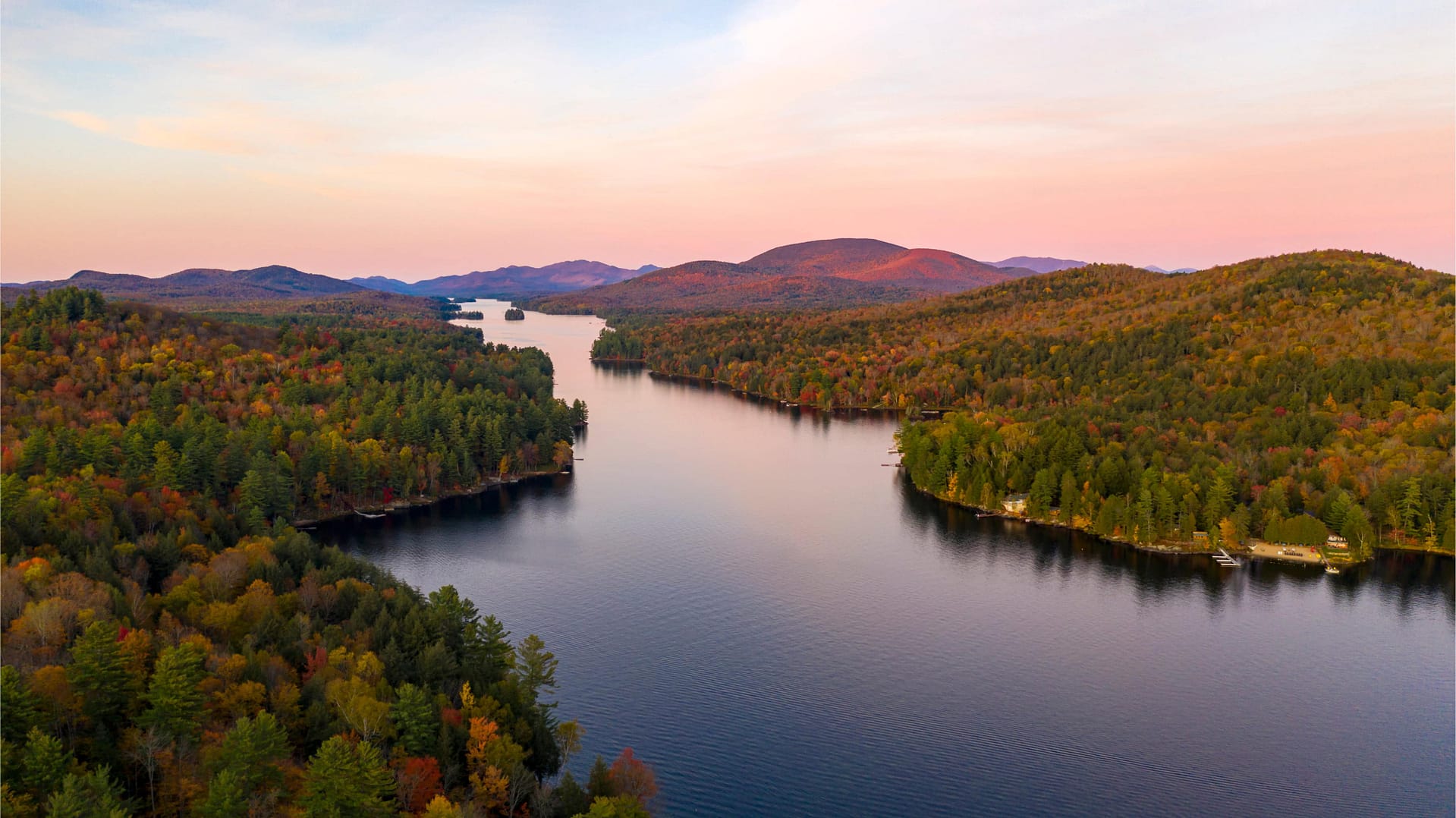 Aerial view over Long Lake Adirondack Park Mountains