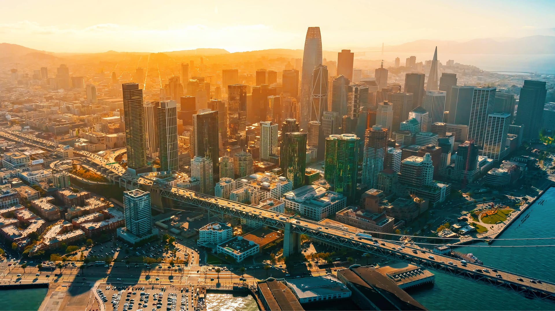 Aerial view of skyscrapers in downtown San Francisco