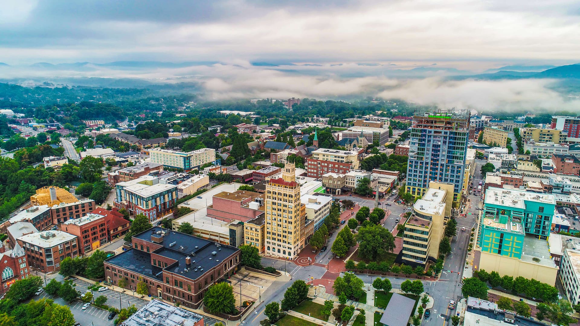 Aerial view of downtown Asheville, North Carolina (NC) skyline