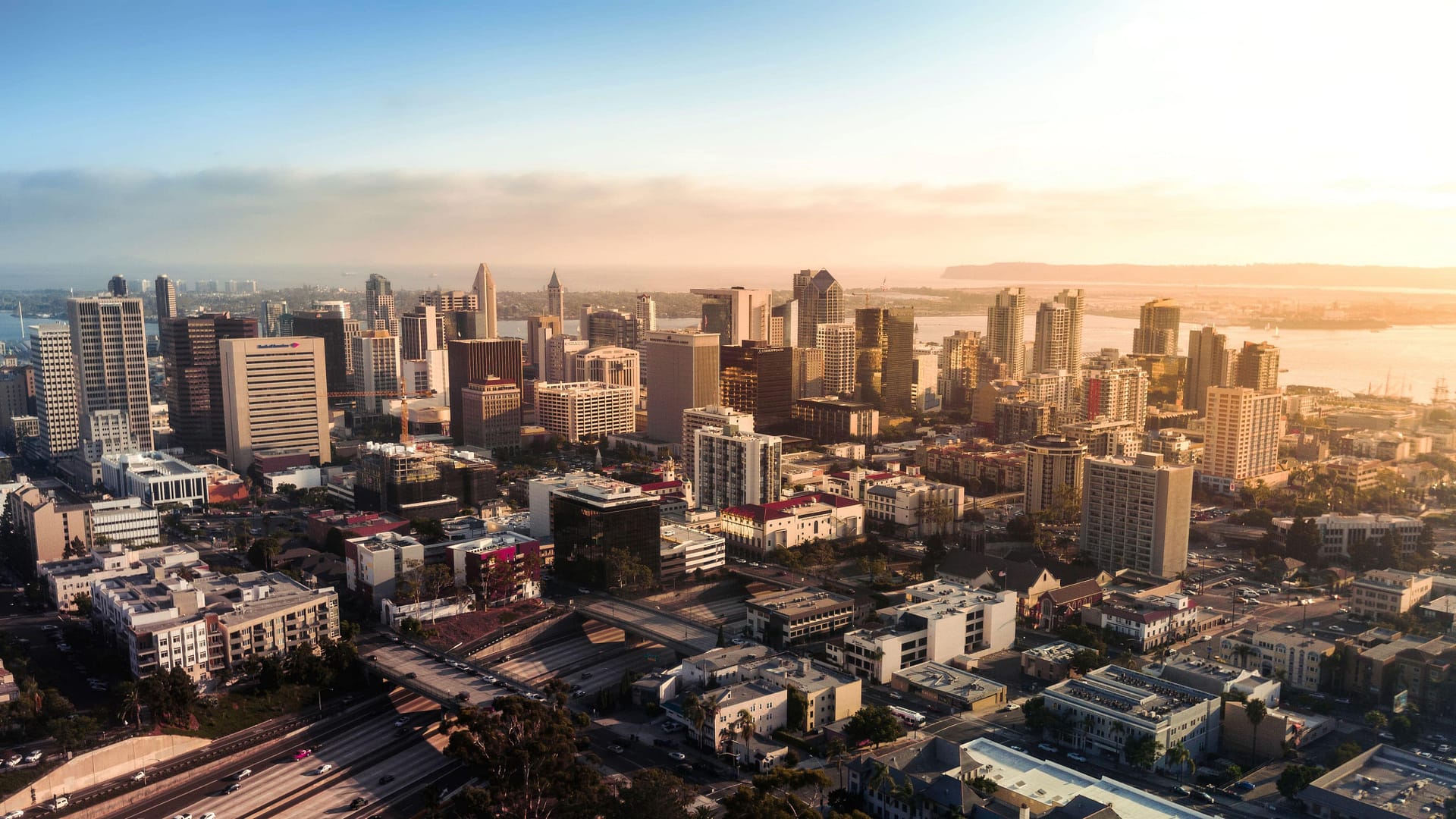 Downtown San Diego skyline buildings at sunset