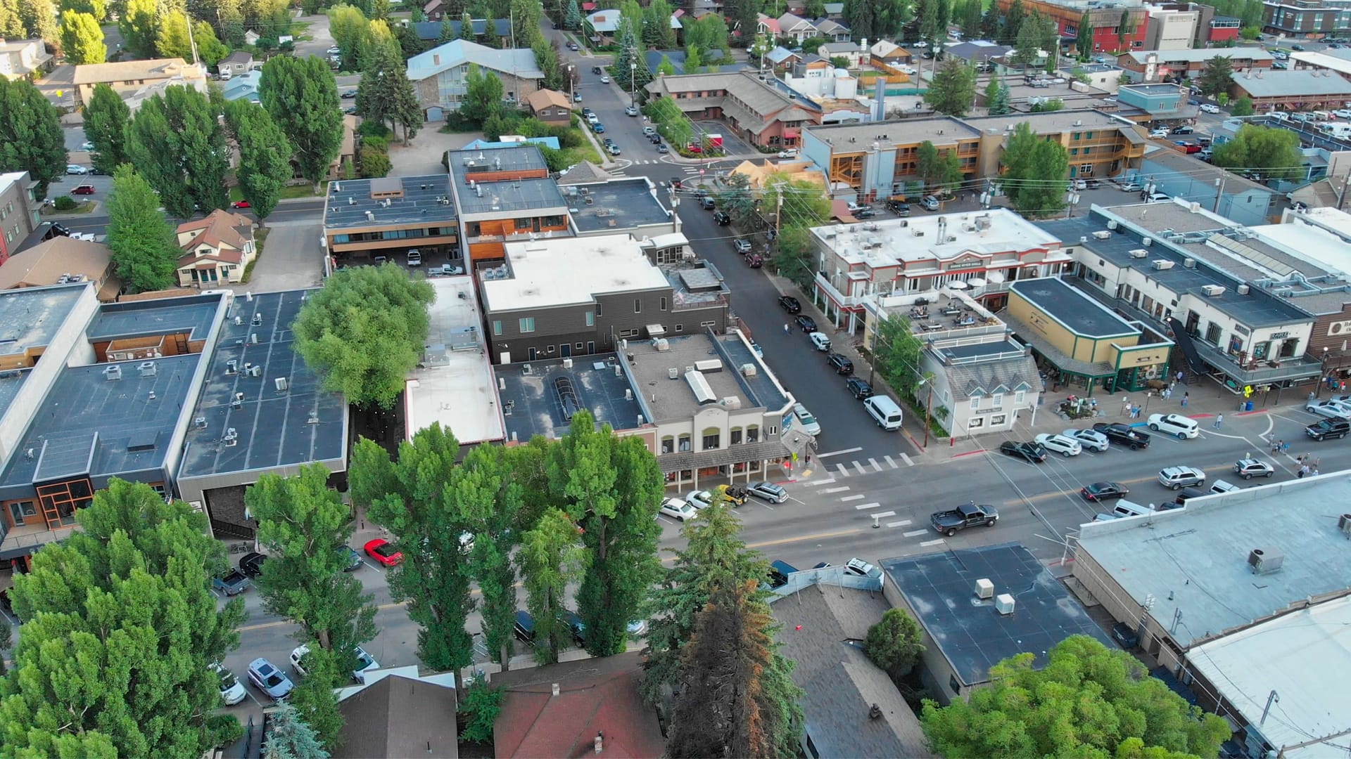 Amazing panoramic sunset aerial view of Jackson Hole cityscape in summertime, WY, USA