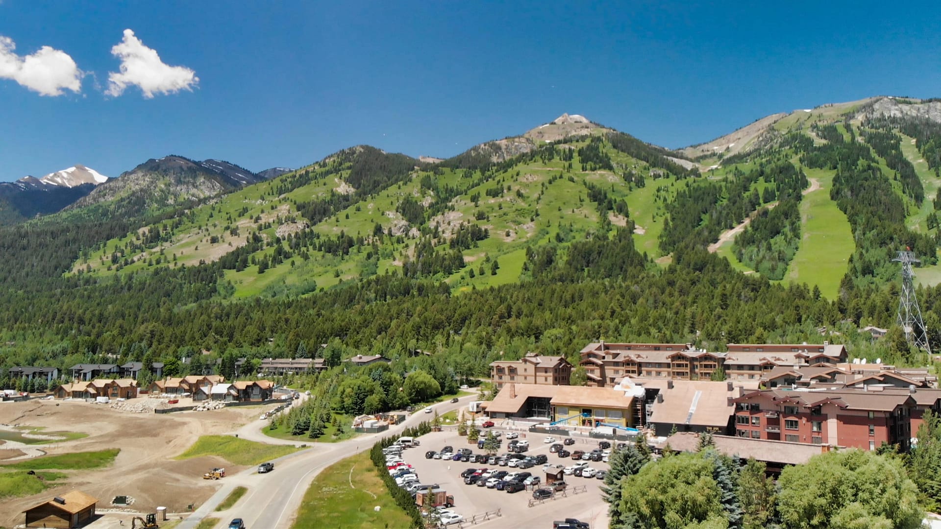 Aerial view of Teton Village near Jackson Hole in summertime, WY, USA