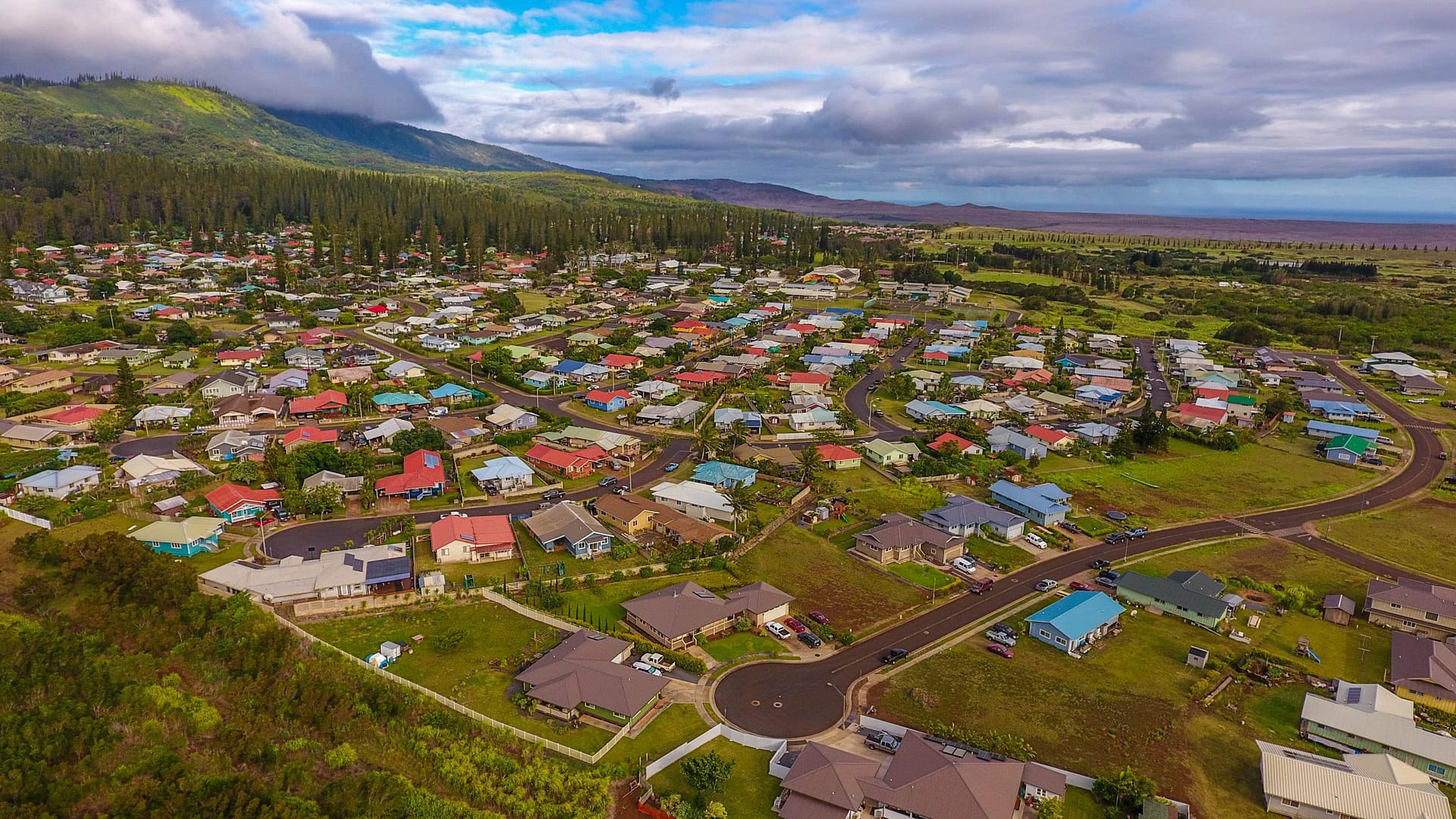 Aerial view of Lanai city, Hawaii neighborhood