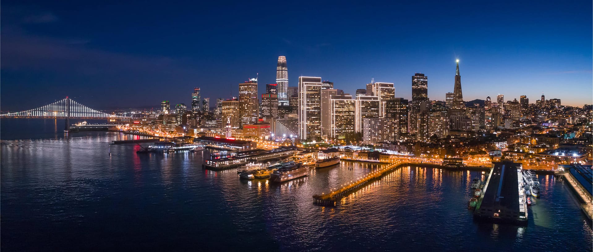 Aerial view of San Francisco skyline with holiday city lights