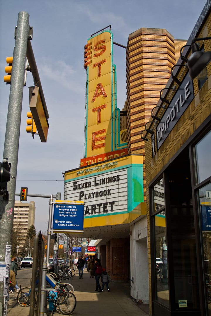 Vibrant Urban Life and Historic Theater Marquee STATE in downtown Ann Arbor