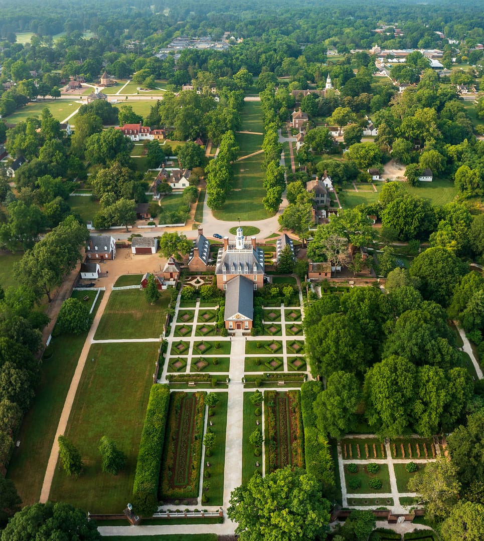 Aerial view of Governors Palace in Williamsburg, Virginia