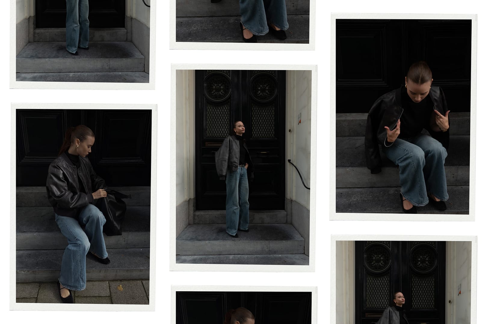 Collage of a woman posing on outdoor steps, wearing a black leather jacket and mid-rise flared jeans, with both standing and seated positions captured