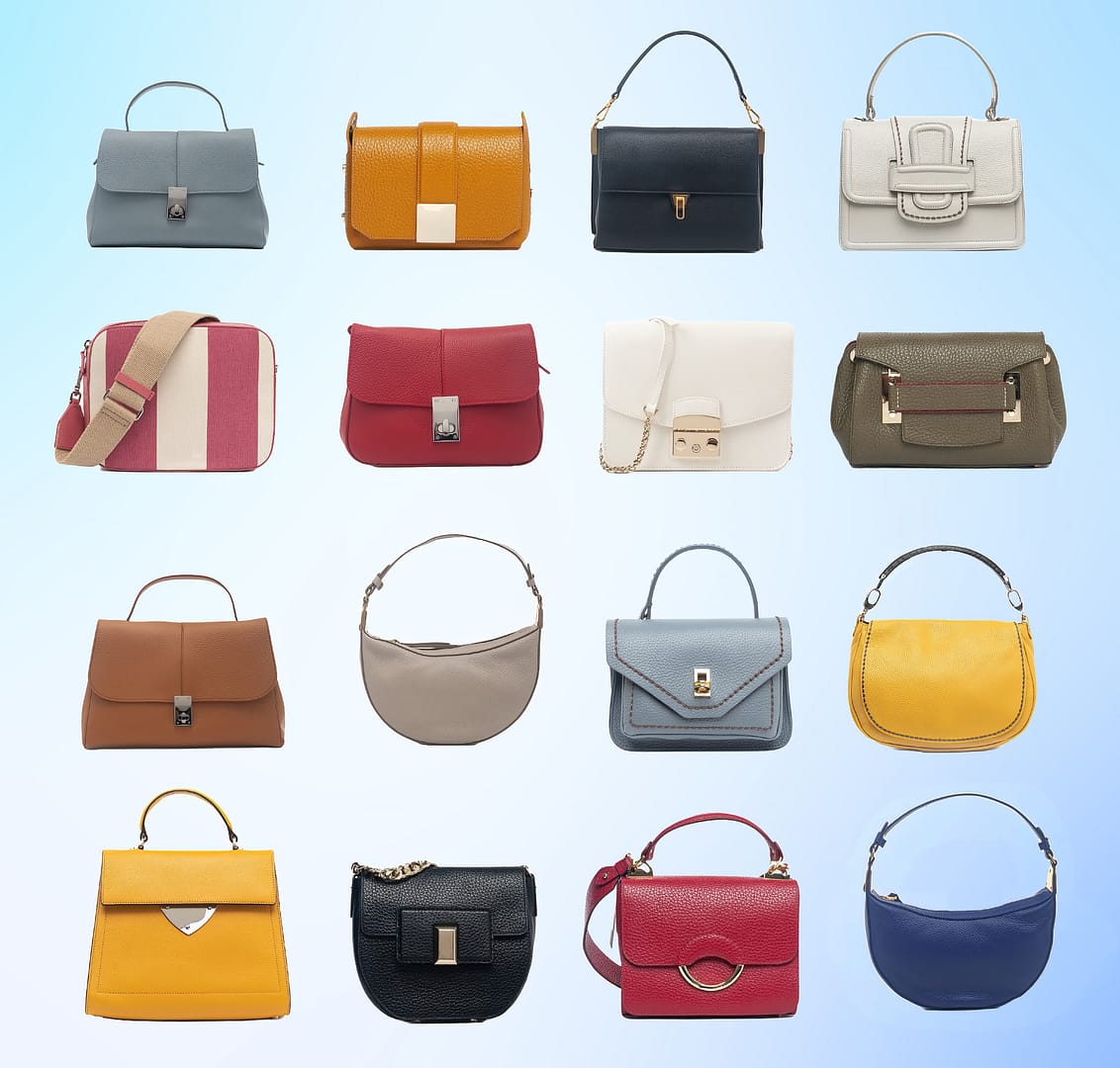 A collection of 16 of the best purses in various colors and styles arranged in a 4x4 grid on a light blue background