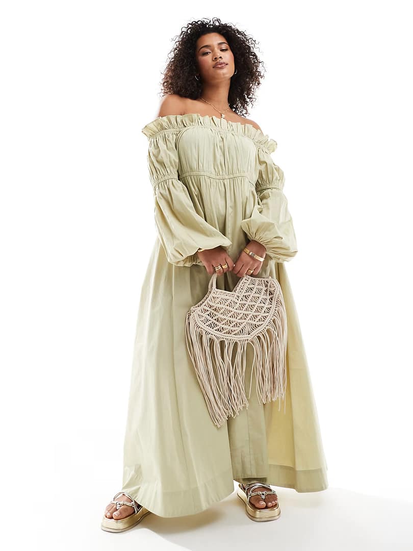 ASOS DESIGN Curve Bardot Poplin Midi Smock Dress