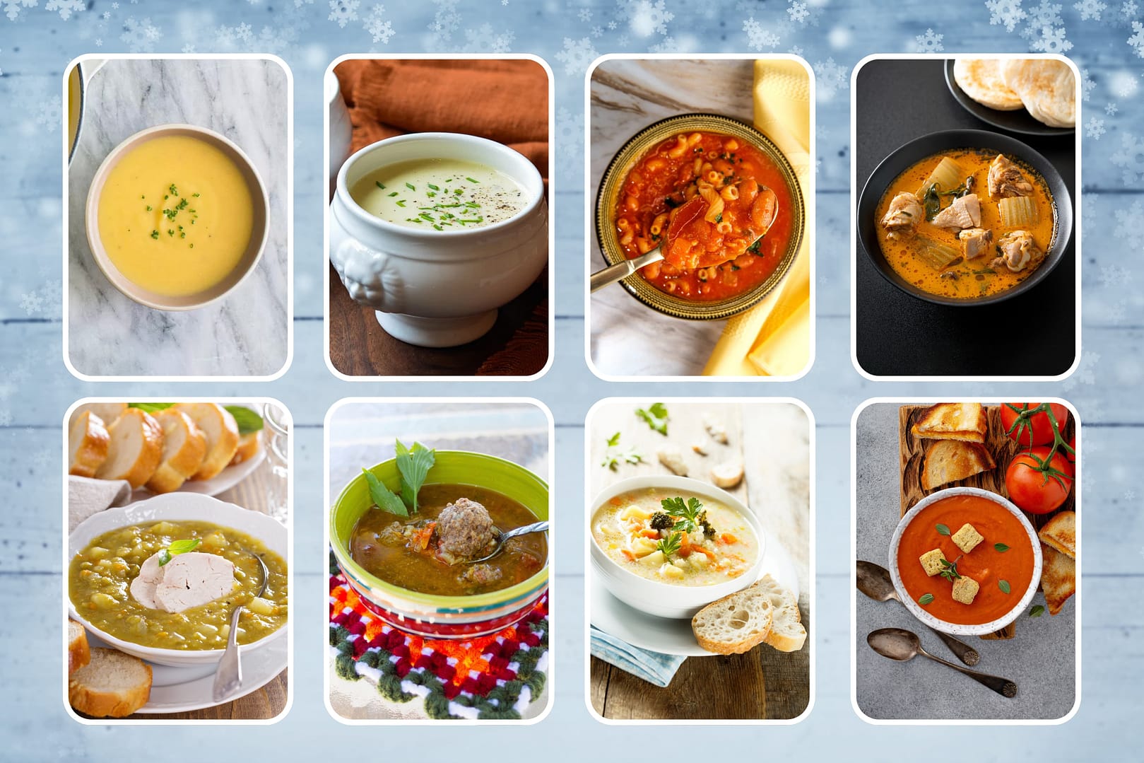 A collage of eight winter soups, featuring creamy, vegetable, and tomato-based varieties, served in bowls adorned with diverse garnishes and sides