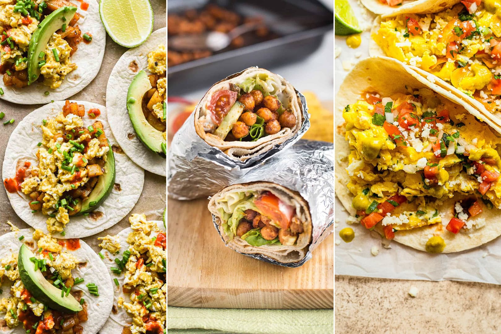 Vegetarian tacos consist of Scrambled Egg Tacos, Roasted Chickpea Wraps, and Migas Breakfast Tacos