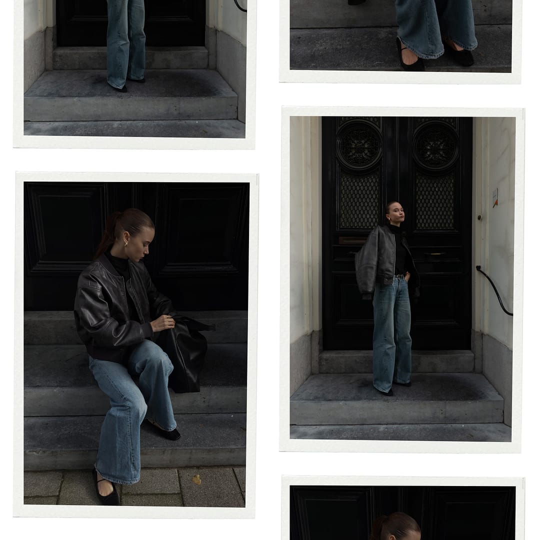Collage of a woman posing on outdoor steps, wearing a black leather jacket and mid-rise flared jeans, with both standing and seated positions captured