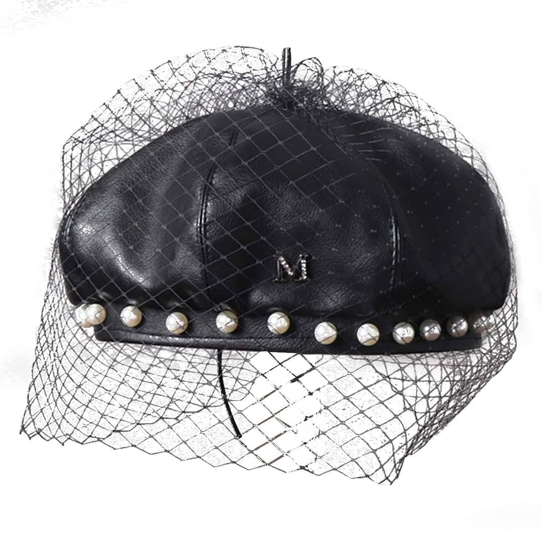 CONNAISSIZE Black PU Leather Beret with Veil