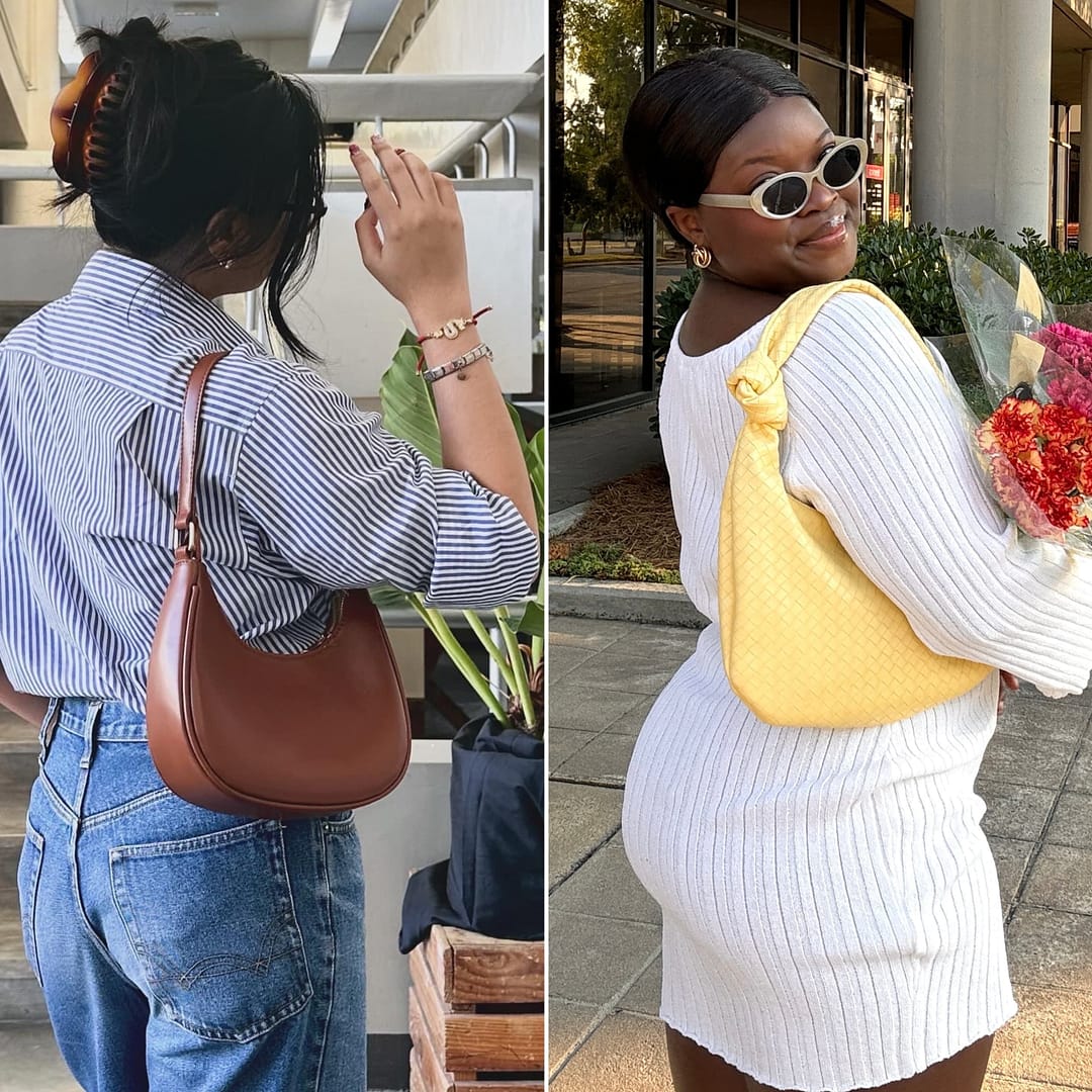 Collage of two women are posing with fashionable shoulder bags: one in a striped shirt and jeans with a brown shoulder bag and another in a white dress with a striking yellow shoulder bag