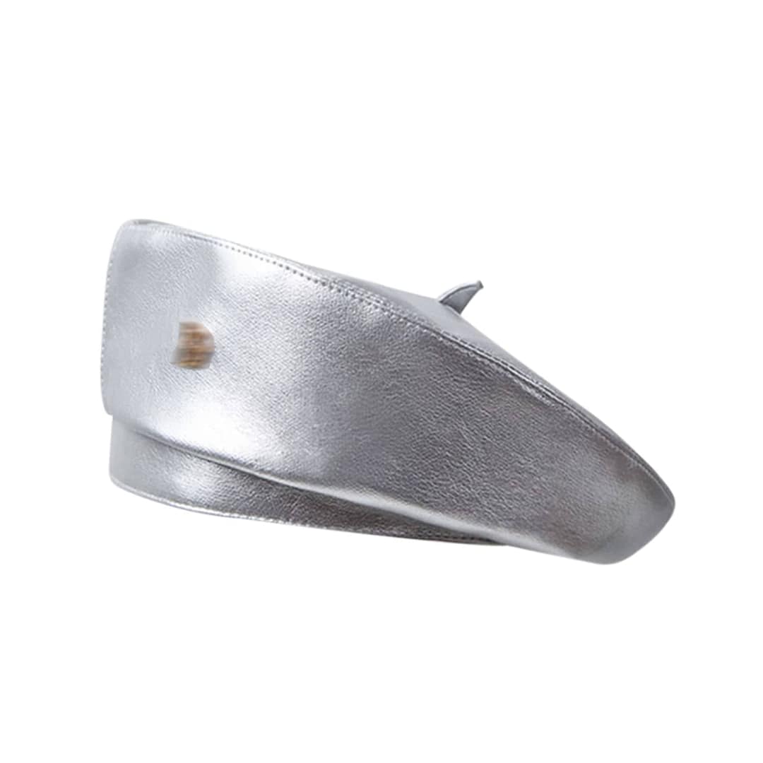 MOSSTYUS Silver PU Leather French Beret