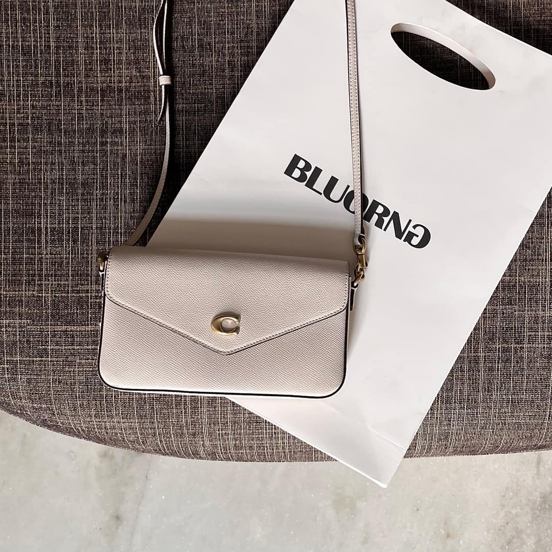 A small beige Coach purse, one of the season's best purses, sits elegantly on a textured brown surface beside a white shopping bag adorned with "BLUORNO