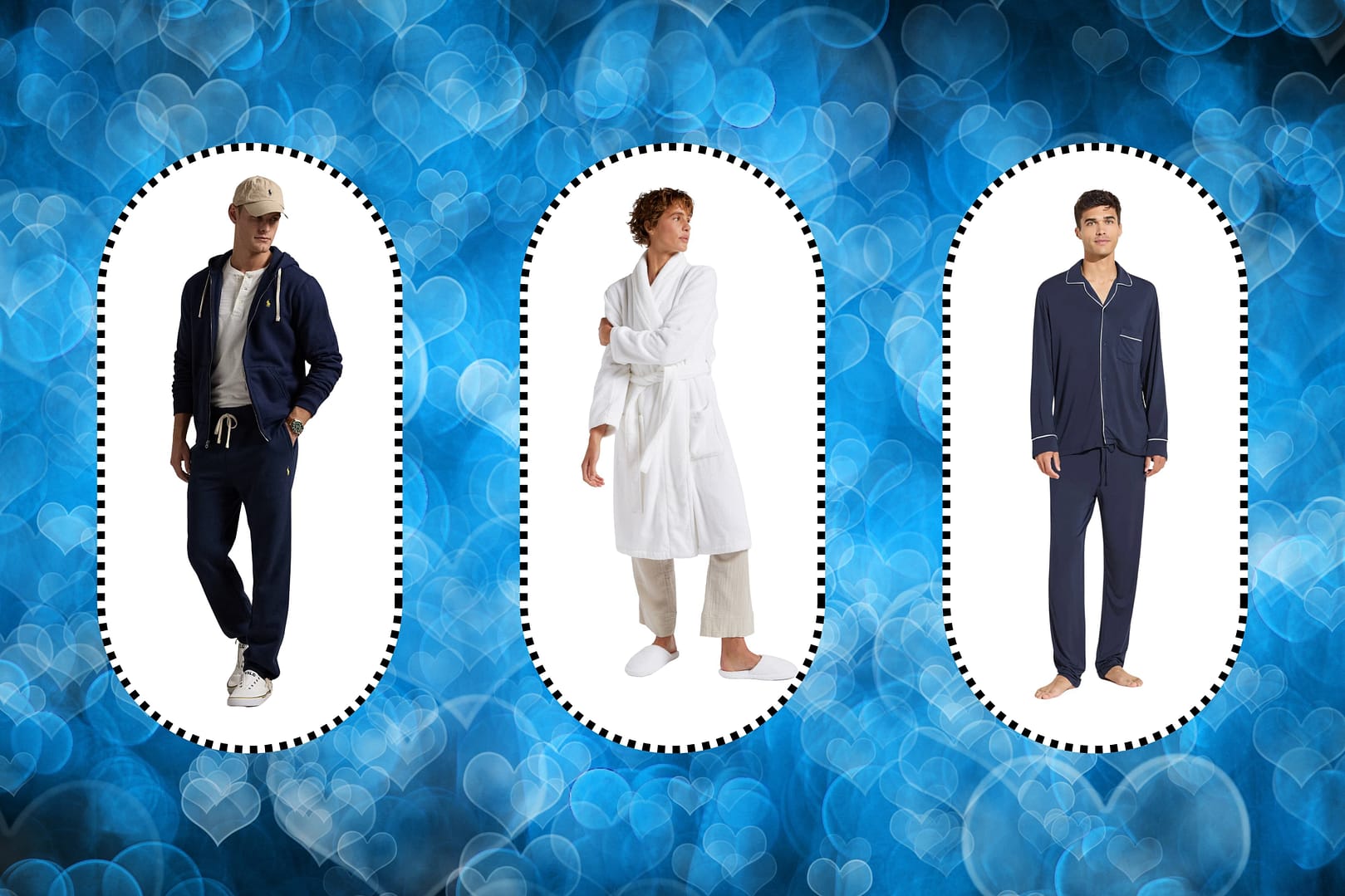 Three male models each wearing a hoodie, a bathrobe and a pajamas on a heart-patterned blue background—showcasing them as among the best Valentine's Day gifts for him