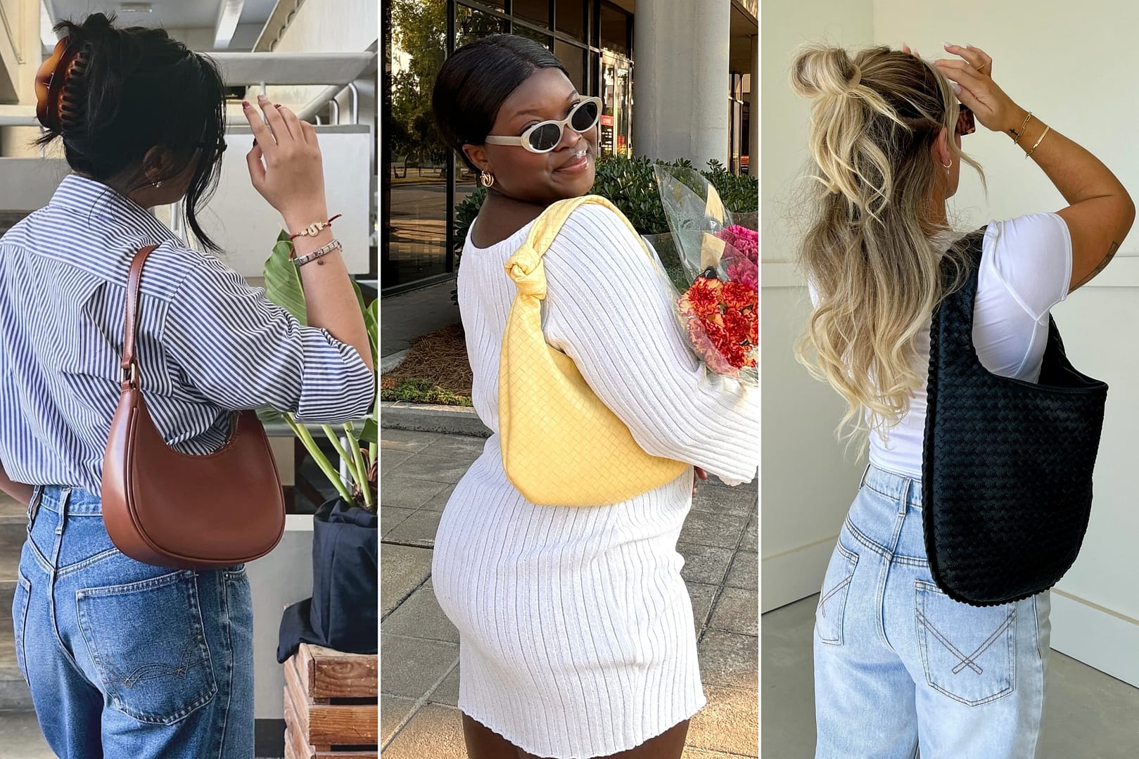 Collage of three women are posing with fashionable shoulder bags: one in a striped shirt and jeans with a brown shoulder bag, another in a white dress with a striking yellow shoulder bag, and the third in a white top stylishly complemented by a sleek black shoulder bag