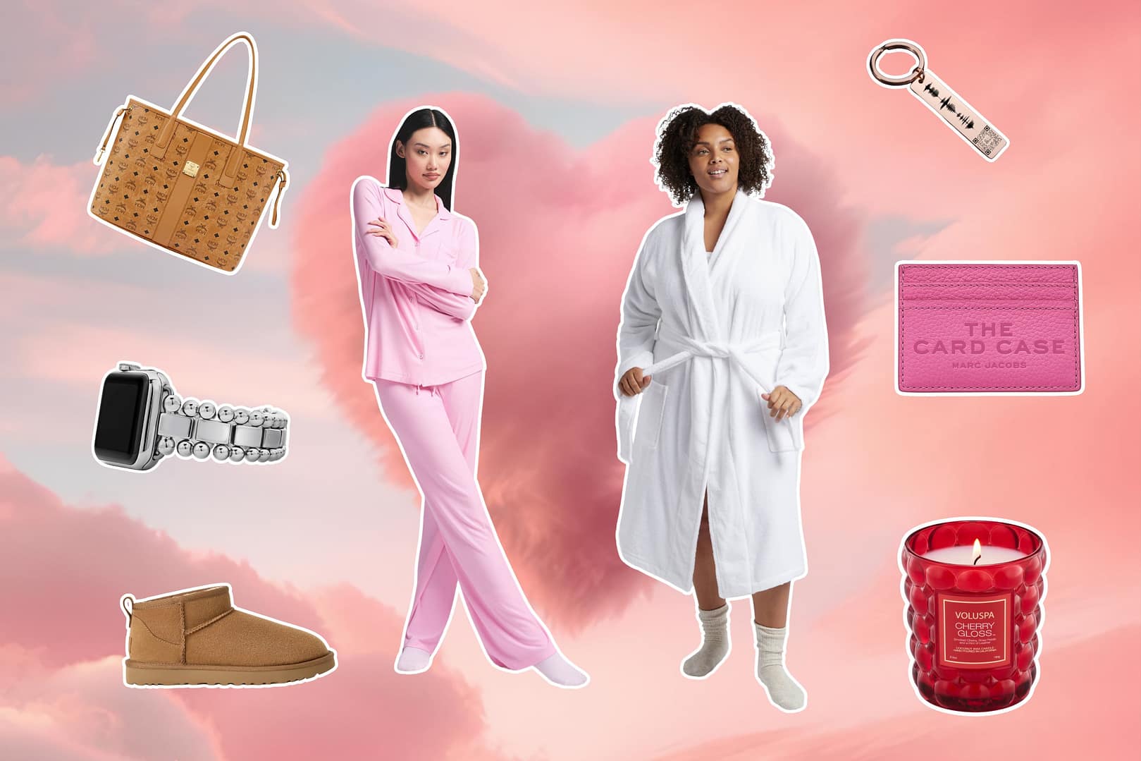 Two women in cozy attire pose against a pink cloud background, surrounded by various accessories like a bag, keychain, watch, slippers, card case, and candle—offering the best Valentine’s Day gifts for her
