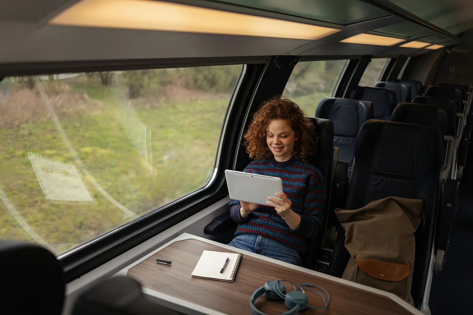 Woman smiling and using a tablet while sitting alone in a train car with countryside views outside the window