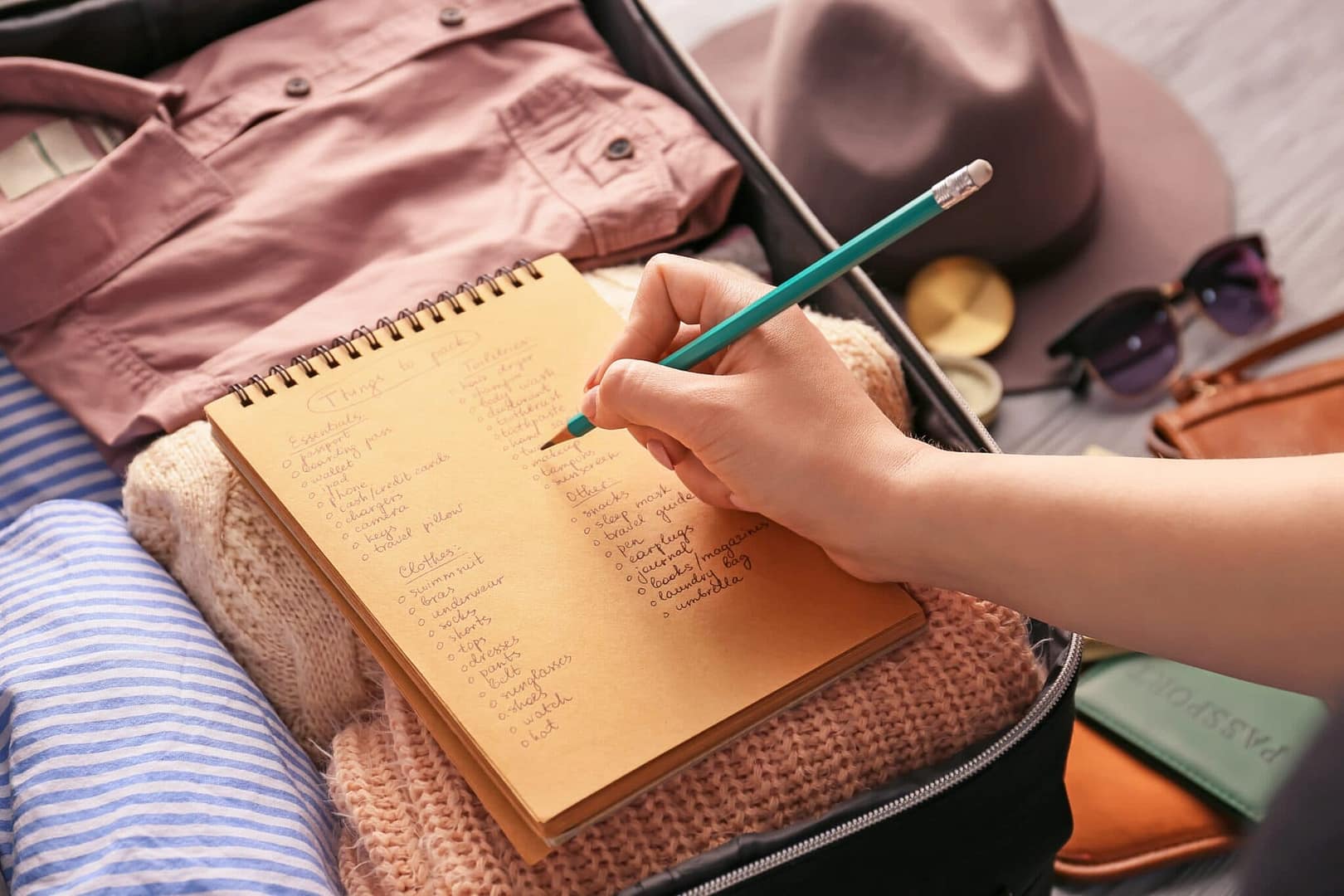 Woman making checklist of things to pack for travel